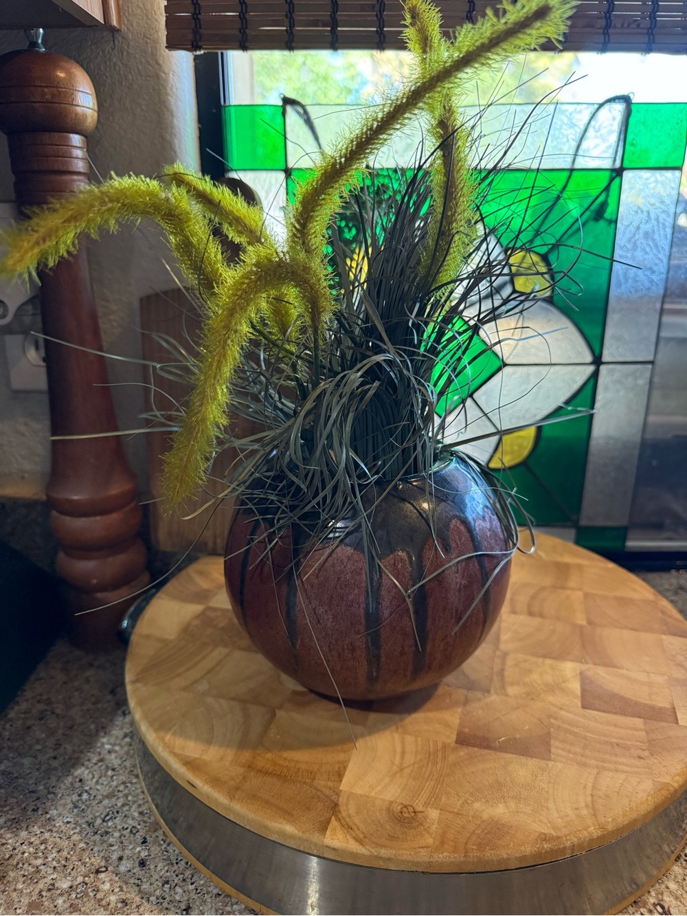 Round Drip-Glaze Ceramic Vase with Faux Botanical Arrangement – 5”
